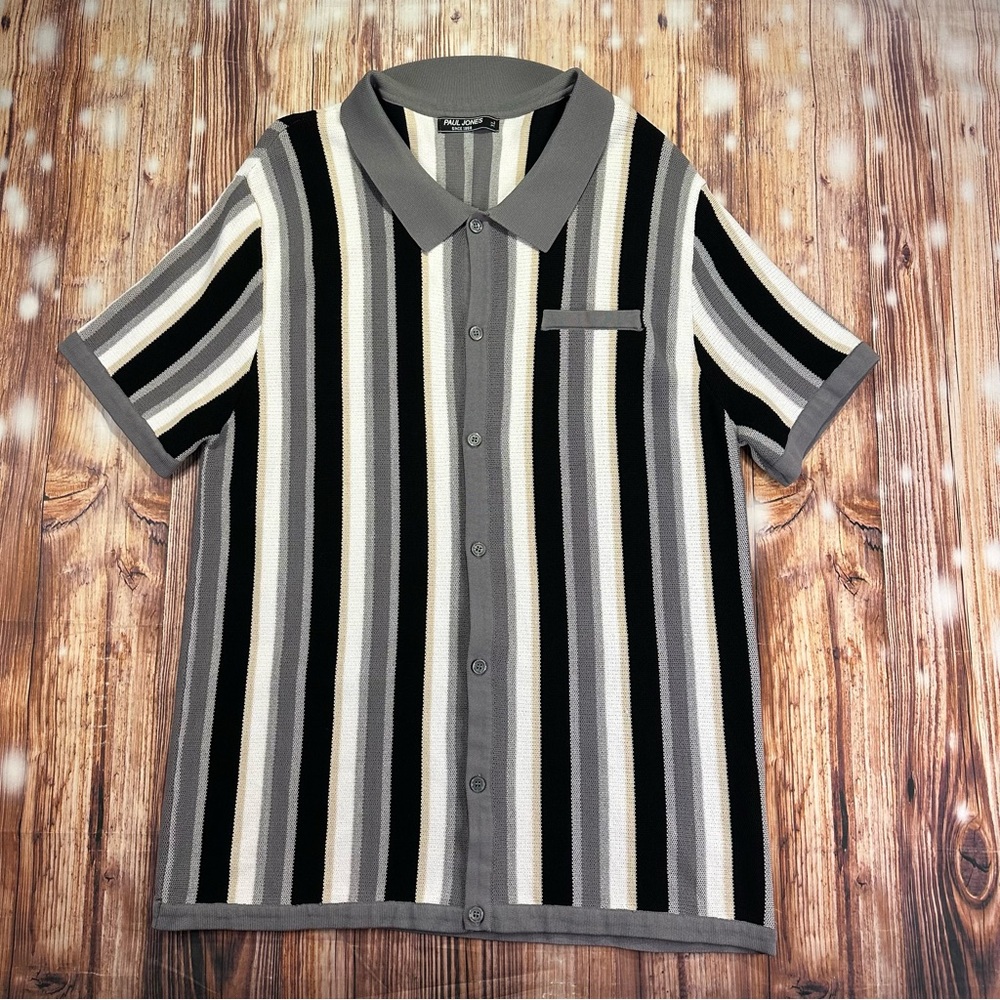 Paul Jones Knit Button Up Shirt Med Short Sleeve Striped Retro Size XL
